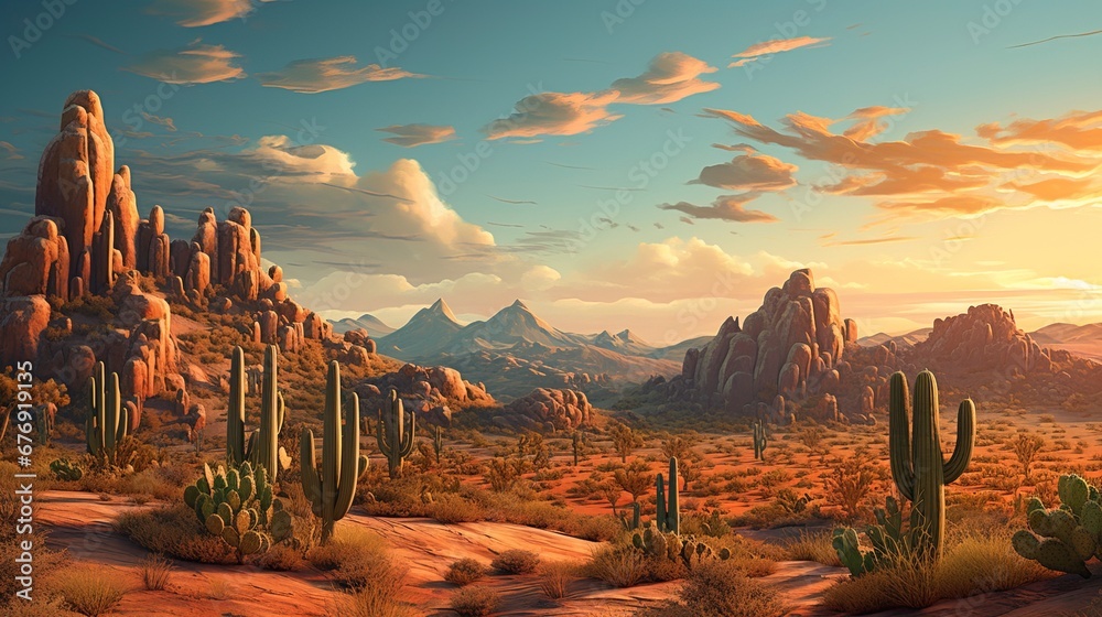 Desert landscape with cacti. Generation AI - obrazy, fototapety, plakaty 
