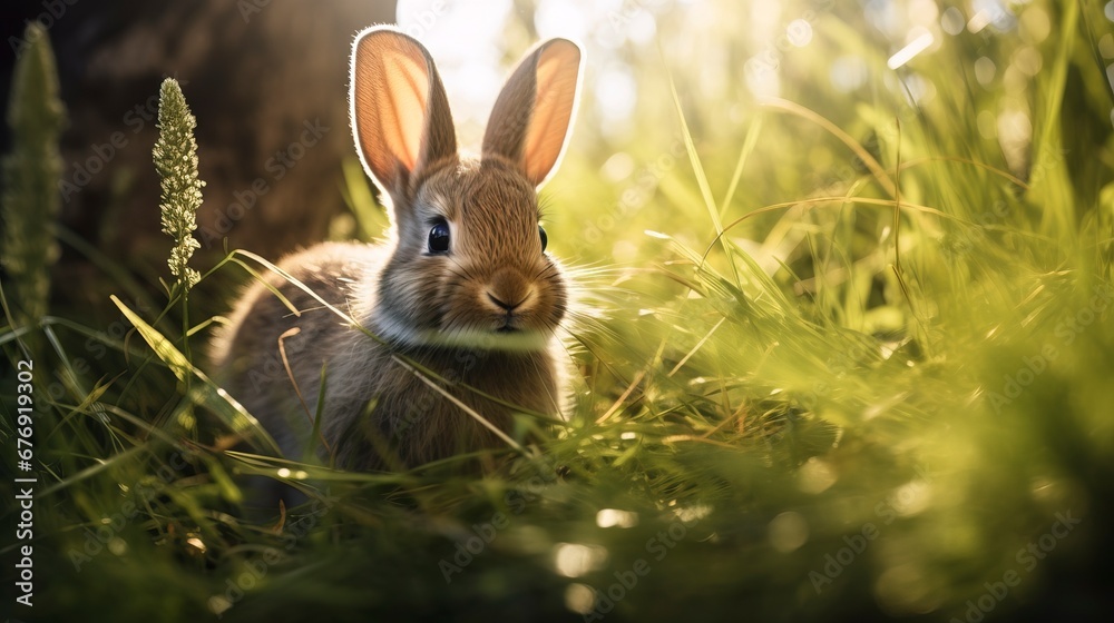 Obraz premium Little rabbit in the spring forest on the grass. Generation A