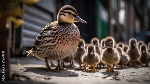 Duck with ducklings on the street in the city. Selective focus. Wildlife concept with a copy space.