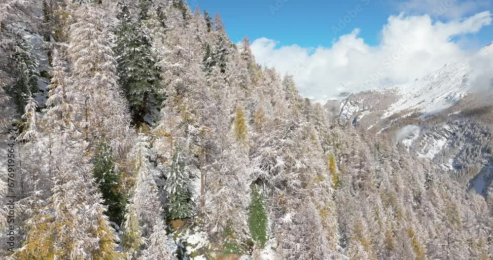 Lac Bleu Arolla lake frost in autumn colors in winter time snow covered Swiss mountains in Switzerland orange colors daylight flowing stream river aerial by drone Lac Bleu Arolla lake frost in autumn colors in winter time snow covered Swiss mountains in Switzerland orange colors daylight flowing stream river aerial by drone