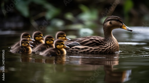 Mallard duck with her ducklings on a lake in spring. Wildlife concept with a copy space.