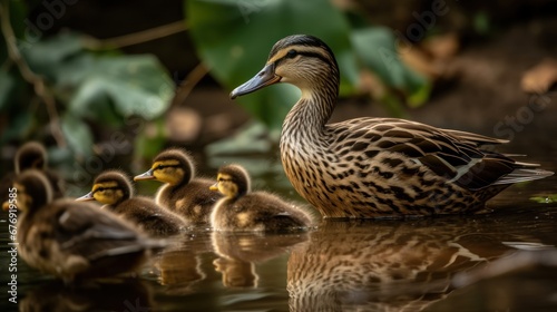 Mallard duck with ducklings (Anas platyrhynchos). Wildlife concept with a copy space.