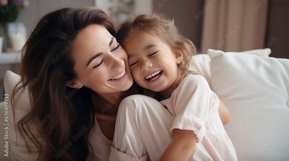 Enjoying time with her adorable, witty, and loving daughter at home, a loving young mother laughs and embraces her. Enjoying time with her adorable, witty, and loving daughter at home, a loving young mother laughs and embraces her.