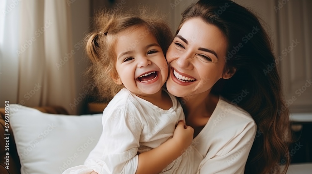 Enjoying time with her adorable, witty, and loving daughter at home, a loving young mother laughs and embraces her. Enjoying time with her adorable, witty, and loving daughter at home, a loving young mother laughs and embraces her.