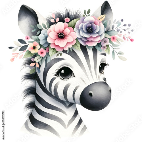Cute floral zebra watercolor clipart, PNG illustration with transparent background