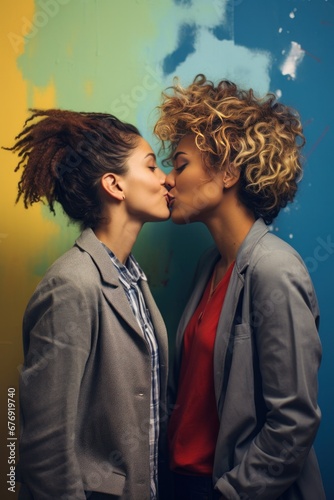 Love, diversity, and a kiss: a happy lesbian couple in a studio setting, embracing their LGBTQ+ identities together