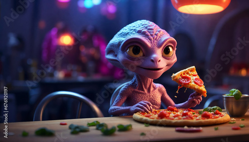 An alien child eats a pizza.