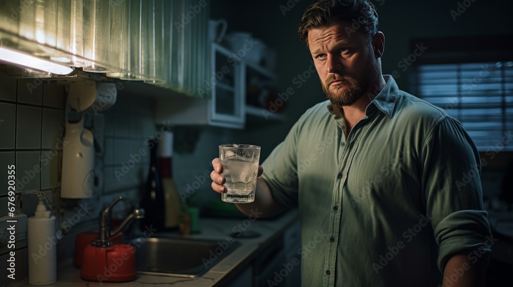 Man standing in the kitchen, drinking a glass of water Man standing in the kitchen, drinking a glass of water
