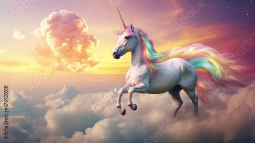 A magical unicorn in a gorgeous sky filled with fluffy clouds and rainbows. Imaginary setting