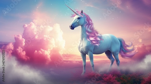 A magical unicorn in a gorgeous sky filled with fluffy clouds and rainbows. Imaginary setting © Suleyman