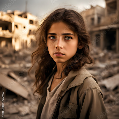 a young beautiful girl standing in a city of destruction during a war photo