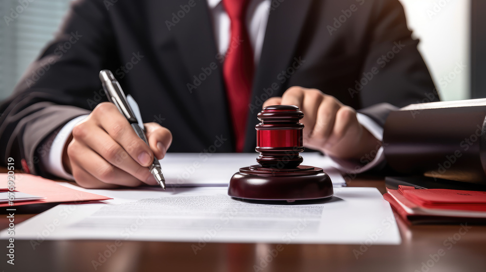 Male businessman hold a seal and stamps a document. Lawyer certify the document and puts his stamp. Banner for legal assistance and notary.  - obrazy, fototapety, plakaty 