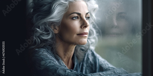 Beautiful Older Woman with Gray Hair Gazing Thoughtfully and Longingly out of a Window, Pensive Moments of Reflection and Grace, AI generated