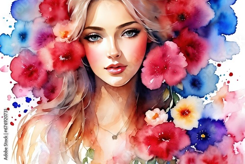 Woman with flowers. Watercolor drawing. © Ivan