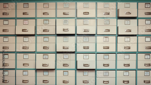 Repository of information and paper documents. A wall with many metal cabinet drawers. Archived data, library. 