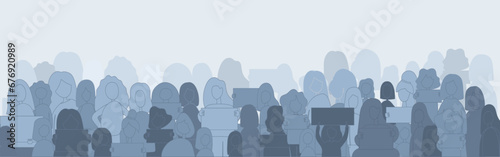 Woman protest and strike, demonstration and revolution concept. Silhouettes of crowd of people. Political protest in defense of women's rights. Vector  illustration.  Each person can be edit.