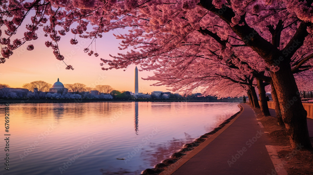 Cherry blossoms in Spring, Washington D.C., Tidal Basin, monuments in the background, early morning pink hues Cherry blossoms in Spring, Washington D.C., Tidal Basin, monuments in the background, early morning pink hues