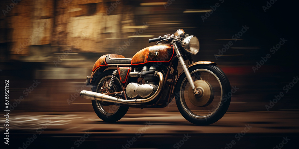 Classic café racer, parked against a swirling background