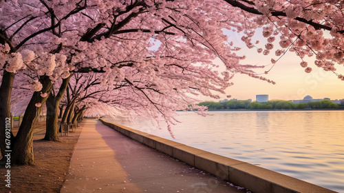 Cherry blossoms in Spring, Washington D.C., Tidal Basin, monuments in the background, early morning pink hues