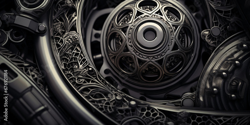 Close-up of motorcycle engine parts, distorted into a complex mandala pattern, metallic sheen