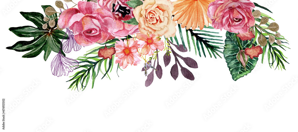 Banner con decorazione floreale su bordo superiore - obrazy, fototapety, plakaty 