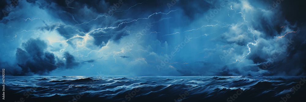 Fluid abstract painting of a lake during a storm, swirling colors of dark blue and grey, hints of vibrant lightning in the background,