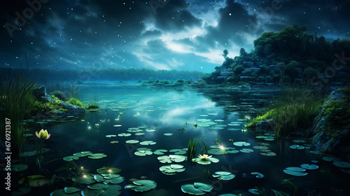 lake with luminescent aquatic plants under starry night sky  glowing ethereal lights under the water