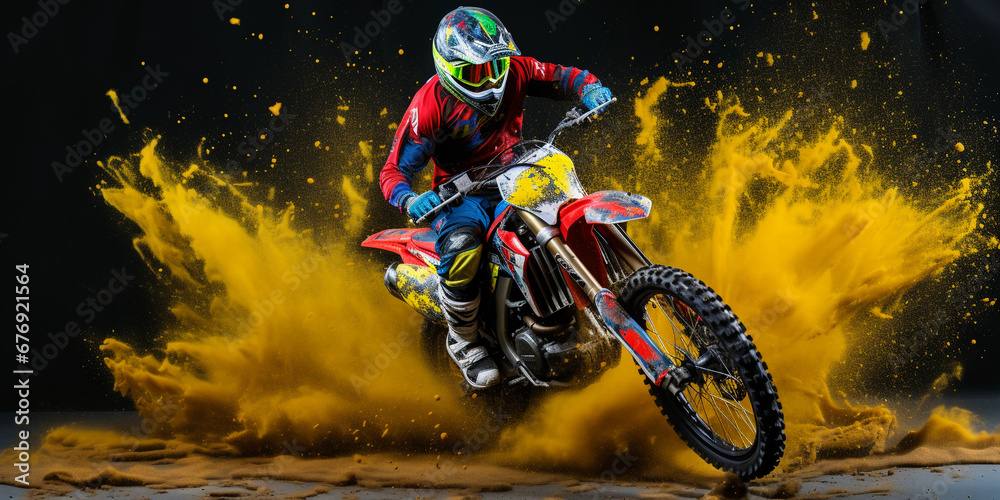 Motocross bike in action, frozen mid-air against a background of dynamic paint splatters