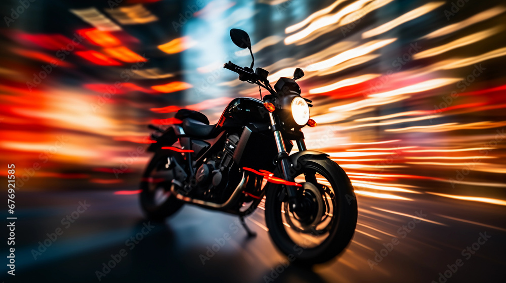 Fototapeta premium Motorcycle silhouette against an abstract background of swirling bokeh lights