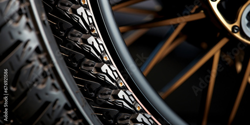 Motorcycle wheel and tire, hyper-zoomed to reveal abstract patterns in the rubber and spokes, extreme macro