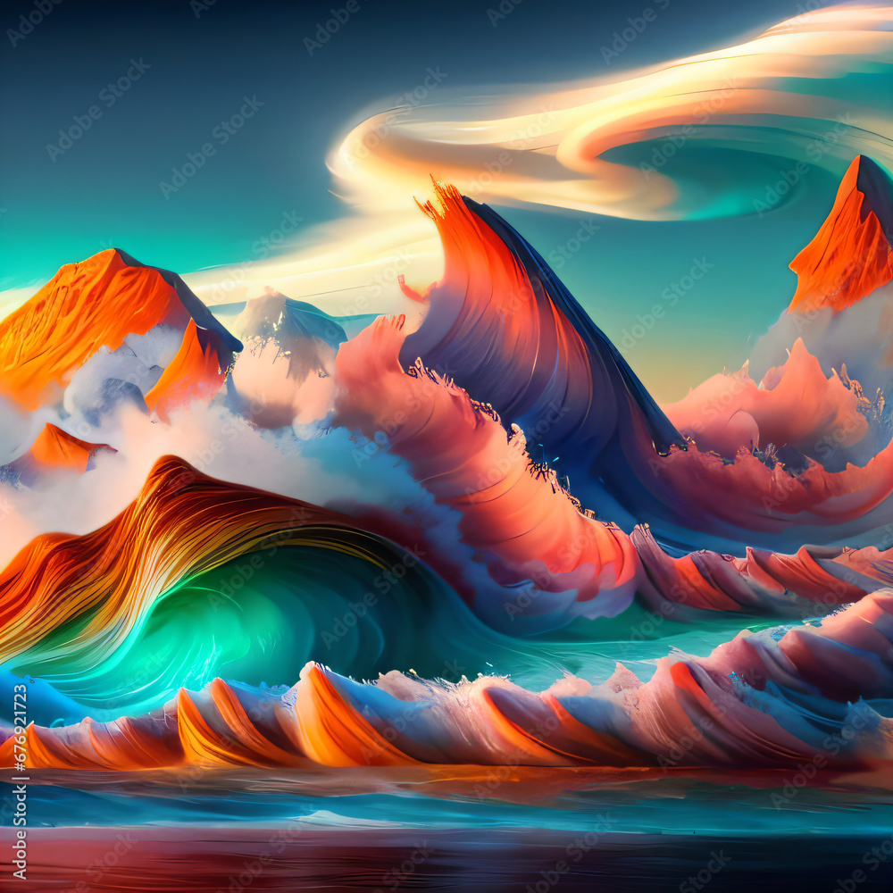 Waves Breaking in the Ocean with Mountains in the Background Under Soft Clouds Waves Breaking in the Ocean with Mountains in the Background Under Soft Clouds