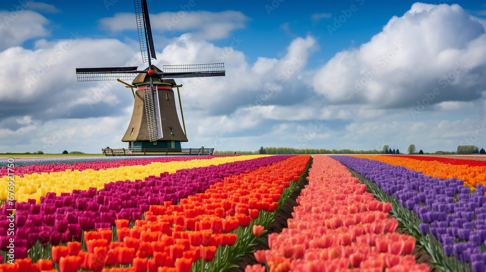 Spring tulip fields in the Netherlands, rows of multicolored tulips, traditional windmill in the background