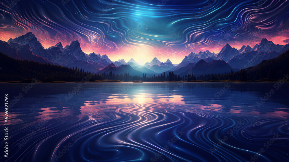 Surrealistic interpretation of a mountain lake at dawn, mirror-like water reflecting the rising sun, deep hues of blue and indigo, intricate fractal patterns in the water's texture - obrazy, fototapety, plakaty 