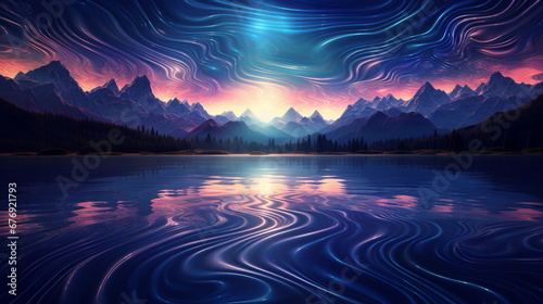 Surrealistic interpretation of a mountain lake at dawn, mirror-like water reflecting the rising sun, deep hues of blue and indigo, intricate fractal patterns in the water's texture #676921793