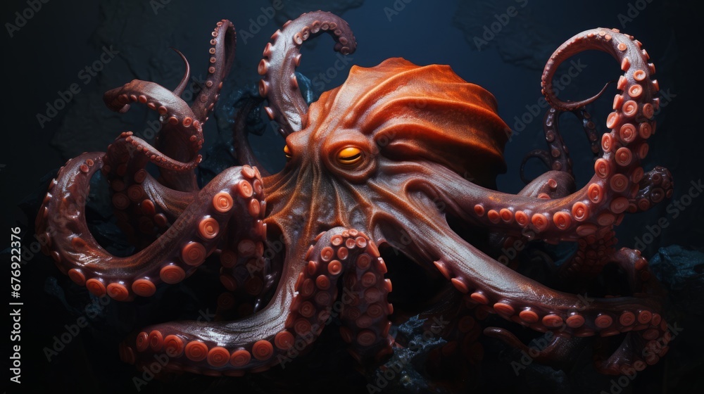 Scary huge octopus underwater.