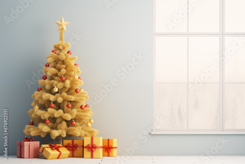 Modern Christmas tree strung with decorations light minimalist background with copy space © Peffy's Photography
