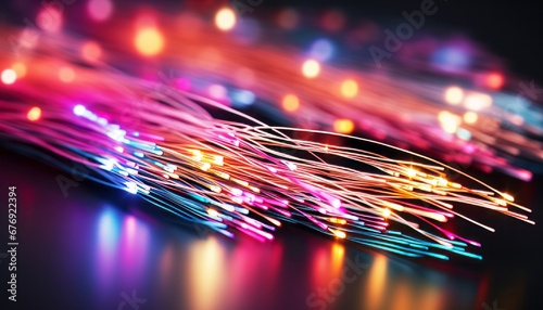 Fiber optics cable wire light background with bokeh for technology and communication.