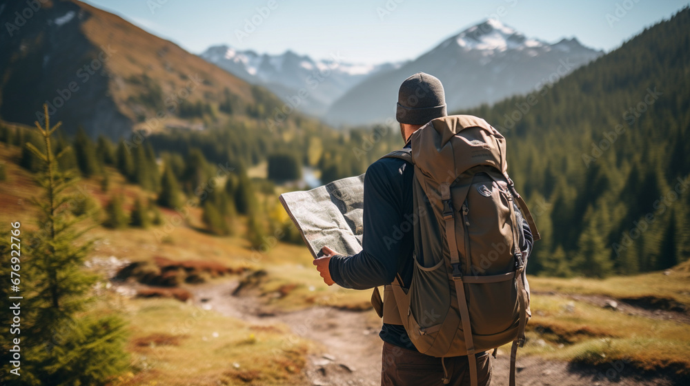 A man is holding a map while hiking. Hiking in the mountains, forest.Generative AI A man is holding a map while hiking. Hiking in the mountains, forest.Generative AI