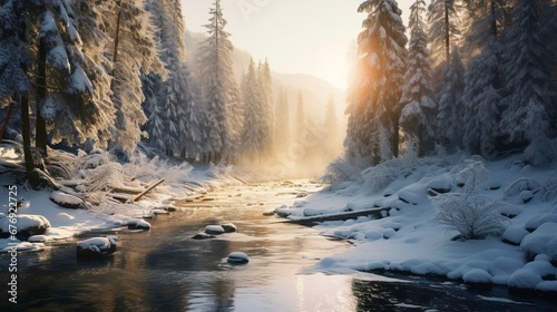 Snowy winter landscape with forest and river. Generation AI © Terablete