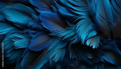 Vibrant blue feathers texture background with detailed digital art of big bird feathers