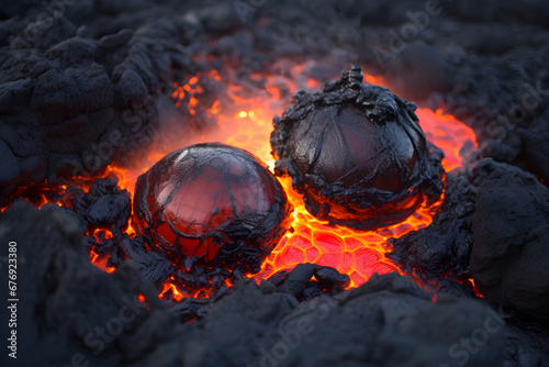 Detail of molten lava bulbbles emerging from the cracked earth, casting a fiery glow in a surreal scene.