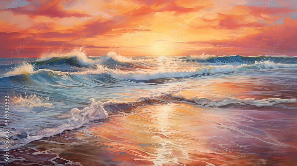 Vibrant beach sunset, crimson and orange hues reflecting on gentle sea ripples Ai Generative