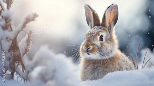 Cute rabbit in the winter forest. Animal in the snow.