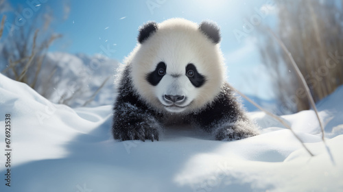 Close-up of Giant panda bear in the snow