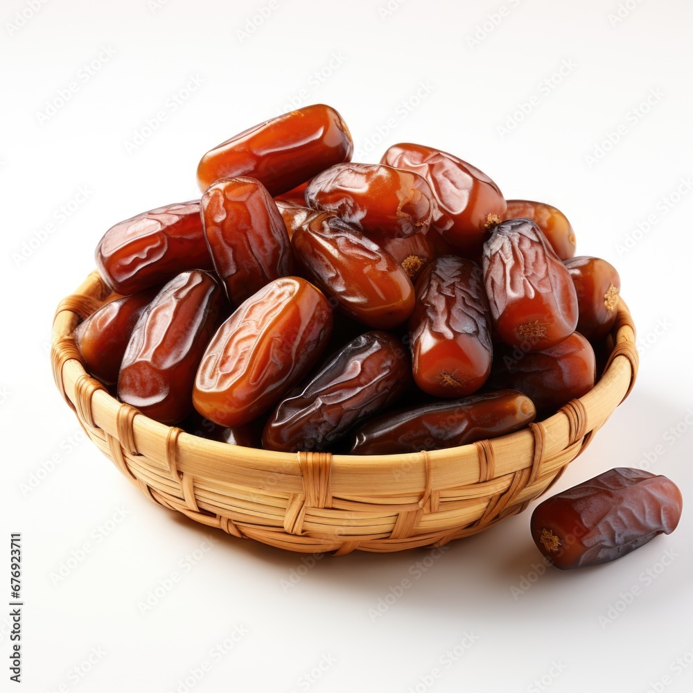 A basket filled with dates sitting on top of a table, clipart on white background. A basket filled with dates sitting on top of a table, clipart on white background.