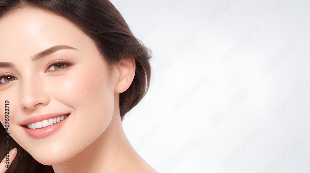beautiful smiling woman with healthy and smooth facial skin. Skin care commercial portrait. woman touching face. Beauty and cosmetic skin care advertising concept beautiful smiling woman with healthy and smooth facial skin. Skin care commercial portrait. woman touching face. Beauty and cosmetic skin care advertising concept