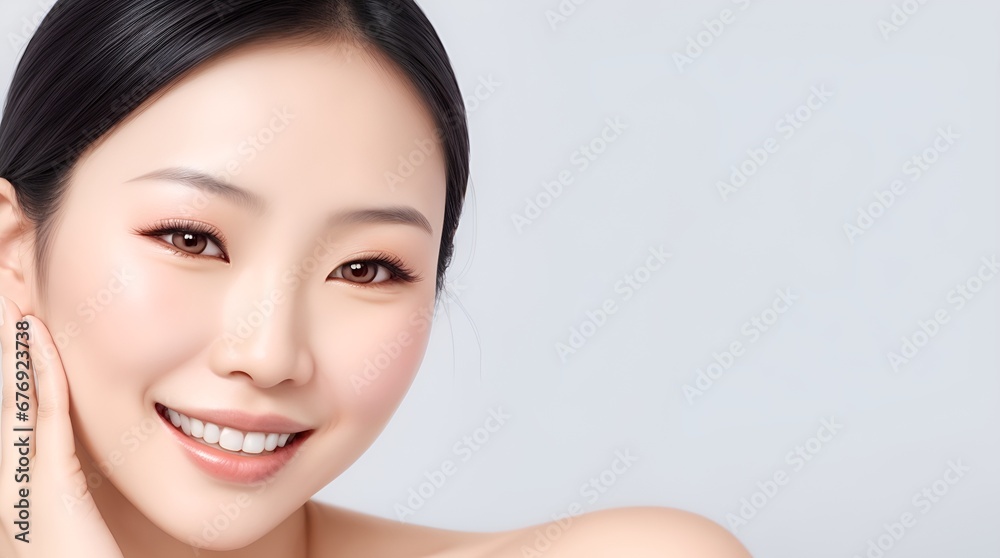 beautiful smiling woman with healthy and smooth facial skin. Skin care commercial portrait. woman touching face. Beauty and cosmetic skin care advertising concept beautiful smiling woman with healthy and smooth facial skin. Skin care commercial portrait. woman touching face. Beauty and cosmetic skin care advertising concept
