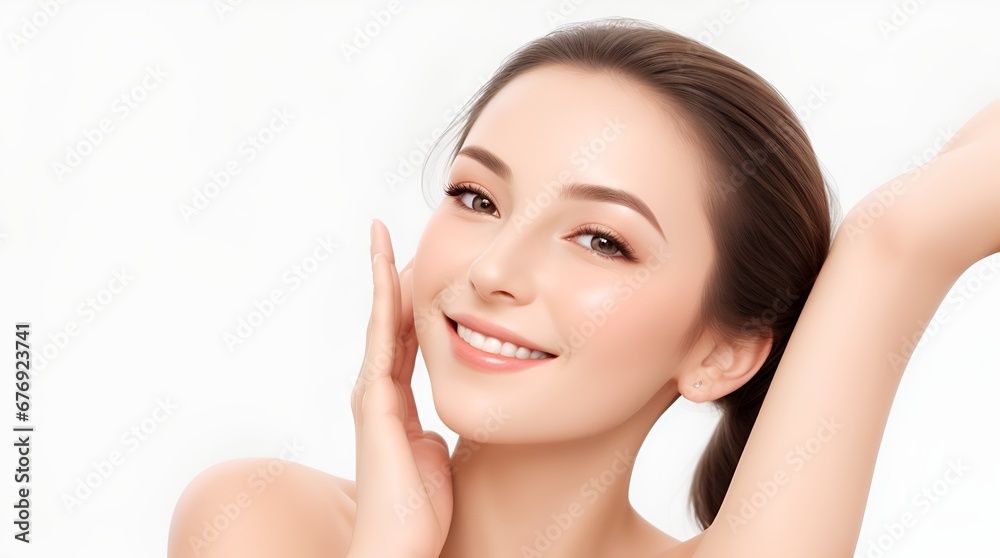 beautiful smiling woman with healthy and smooth facial skin. Skin care commercial portrait. woman touching face. Beauty and cosmetic skin care advertising concept beautiful smiling woman with healthy and smooth facial skin. Skin care commercial portrait. woman touching face. Beauty and cosmetic skin care advertising concept
