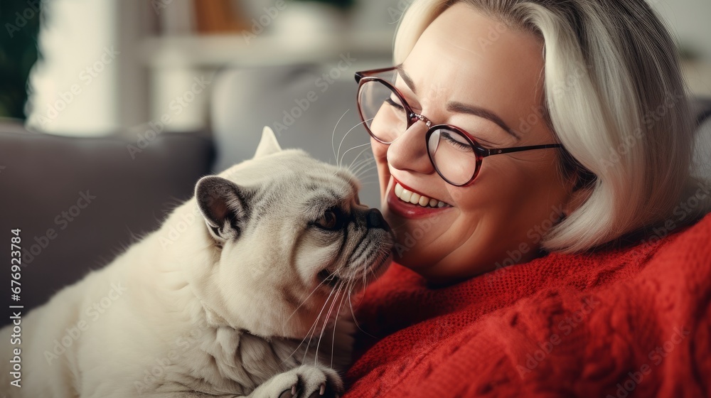 A middle-aged woman loves to spend time with her dogs at home. Dog sticks his tongue out at owner's cheek, as cat lounges on couch