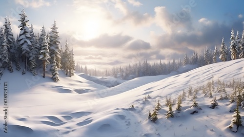 Beautiful ultrawide background image of snowdrifts in the forest © dimas